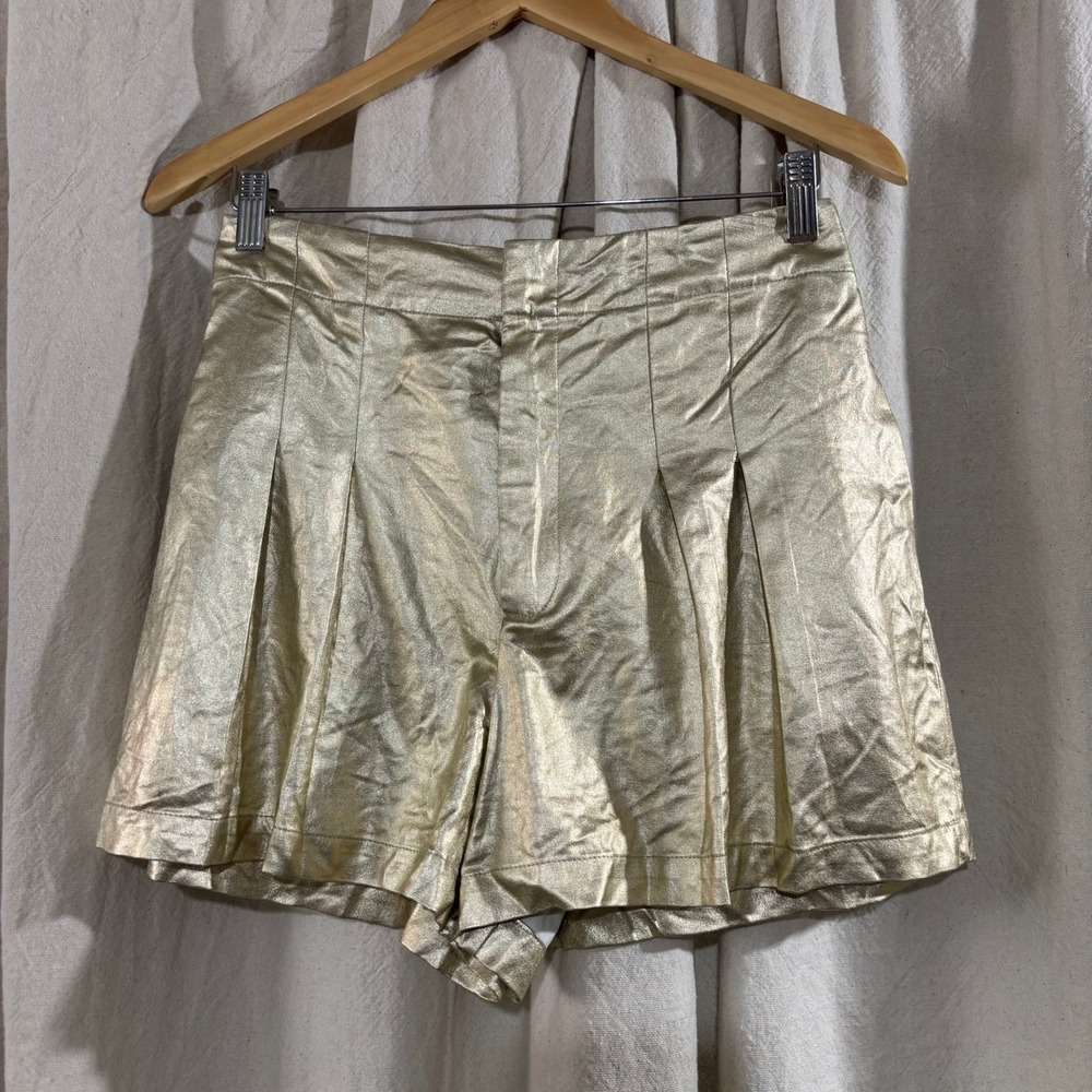 House of Harlow 1960 Gold Metallic Pleated Shorts High Waisted Linen Blend Small